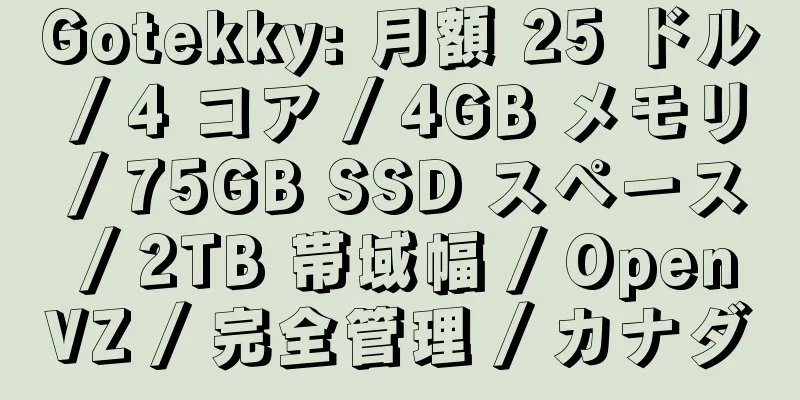 Gotekky: 月額 25 ドル / 4 コア / 4GB メモリ / 75GB SSD スペース / 2TB 帯域幅 / OpenVZ / 完全管理 / カナダ