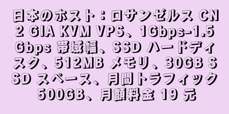 日本のホスト：ロサンゼルス CN2 GIA KVM VPS、1Gbps-1.5Gbps 帯域幅、SSD ハードディスク、512MB メモリ、30GB SSD スペース、月間トラフィック 500GB、月額料金 19 元