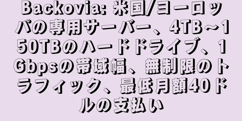 Backovia: 米国/ヨーロッパの専用サーバー、4TB～150TBのハードドライブ、1Gbpsの帯域幅、無制限のトラフィック、最低月額40ドルの支払い