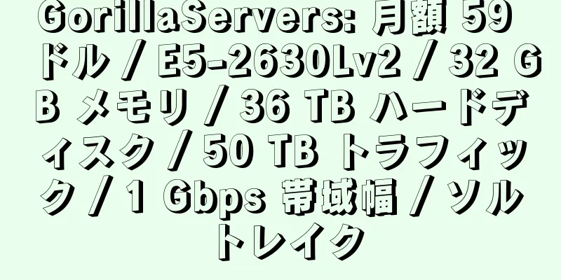 GorillaServers: 月額 59 ドル / E5-2630Lv2 / 32 GB メモリ / 36 TB ハードディスク / 50 TB トラフィック / 1 Gbps 帯域幅 / ソルトレイク