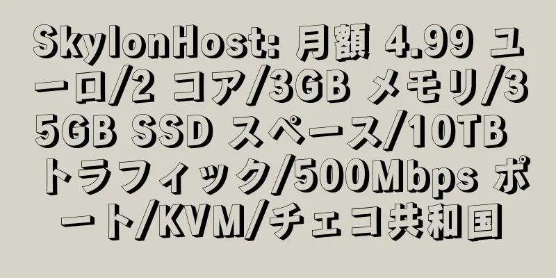 SkylonHost: 月額 4.99 ユーロ/2 コア/3GB メモリ/35GB SSD スペース/10TB トラフィック/500Mbps ポート/KVM/チェコ共和国