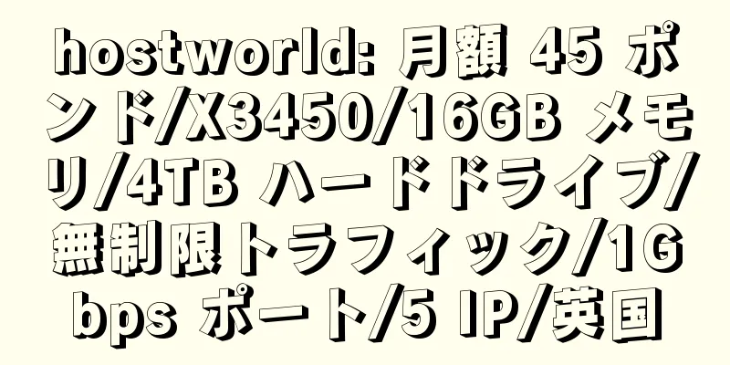 hostworld: 月額 45 ポンド/X3450/16GB メモリ/4TB ハードドライブ/無制限トラフィック/1Gbps ポート/5 IP/英国