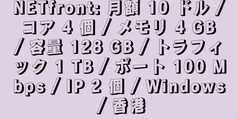 NETfront: 月額 10 ドル / コア 4 個 / メモリ 4 GB / 容量 128 GB / トラフィック 1 TB / ポート 100 Mbps / IP 2 個 / Windows / 香港