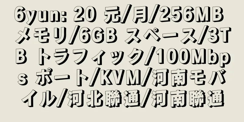 6yun: 20 元/月/256MB メモリ/6GB スペース/3TB トラフィック/100Mbps ポート/KVM/河南モバイル/河北聯通/河南聯通