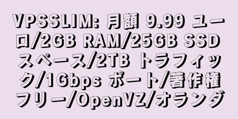 VPSSLIM: 月額 9.99 ユーロ/2GB RAM/25GB SSD スペース/2TB トラフィック/1Gbps ポート/著作権フリー/OpenVZ/オランダ