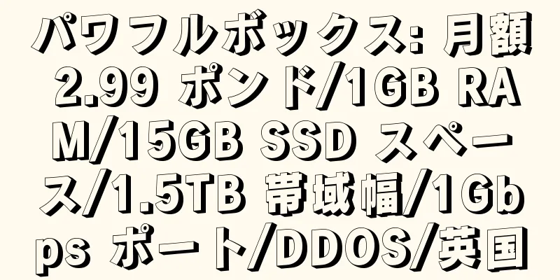 パワフルボックス: 月額 2.99 ポンド/1GB RAM/15GB SSD スペース/1.5TB 帯域幅/1Gbps ポート/DDOS/英国