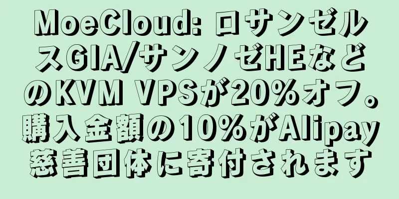 MoeCloud: ロサンゼルスGIA/サンノゼHEなどのKVM VPSが20%オフ。購入金額の10%がAlipay慈善団体に寄付されます