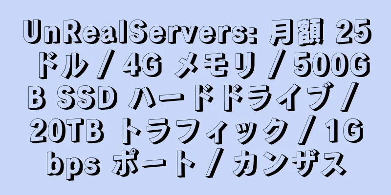 UnRealServers: 月額 25 ドル / 4G メモリ / 500GB SSD ハードドライブ / 20TB トラフィック / 1Gbps ポート / カンザス