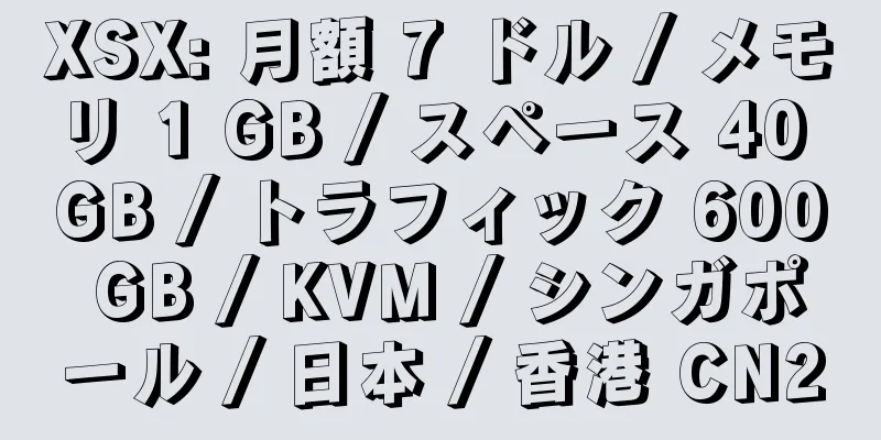 XSX: 月額 7 ドル / メモリ 1 GB / スペース 40 GB / トラフィック 600 GB / KVM / シンガポール / 日本 / 香港 CN2