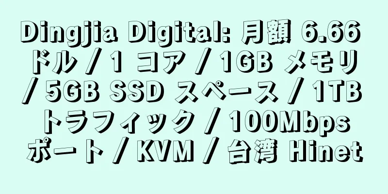 Dingjia Digital: 月額 6.66 ドル / 1 コア / 1GB メモリ / 5GB SSD スペース / 1TB トラフィック / 100Mbps ポート / KVM / 台湾 Hinet