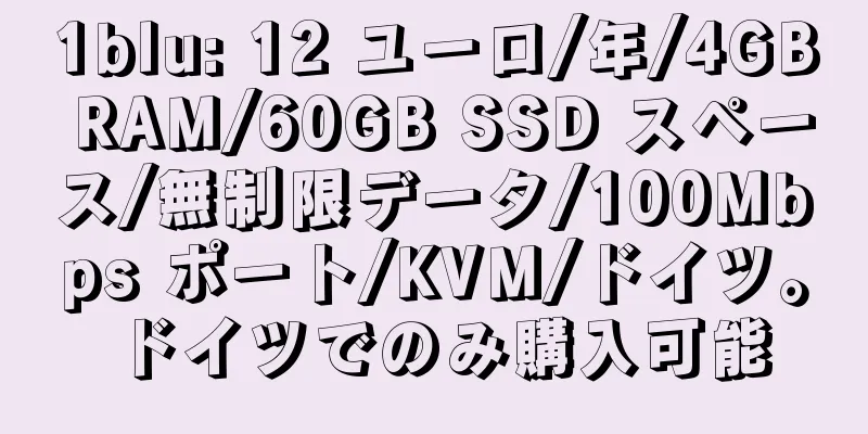 1blu: 12 ユーロ/年/4GB RAM/60GB SSD スペース/無制限データ/100Mbps ポート/KVM/ドイツ。ドイツでのみ購入可能