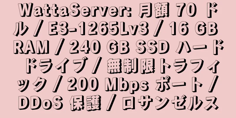 WattaServer: 月額 70 ドル / E3-1265Lv3 / 16 GB RAM / 240 GB SSD ハード ドライブ / 無制限トラフィック / 200 Mbps ポート / DDoS 保護 / ロサンゼルス