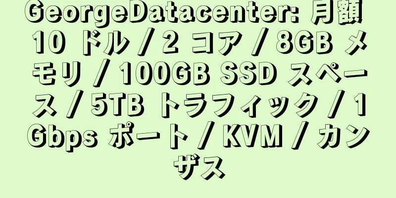 GeorgeDatacenter: 月額 10 ドル / 2 コア / 8GB メモリ / 100GB SSD スペース / 5TB トラフィック / 1Gbps ポート / KVM / カンザス