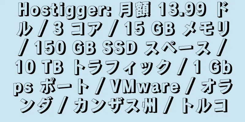 Hostigger: 月額 13.99 ドル / 3 コア / 15 GB メモリ / 150 GB SSD スペース / 10 TB トラフィック / 1 Gbps ポート / VMware / オランダ / カンザス州 / トルコ