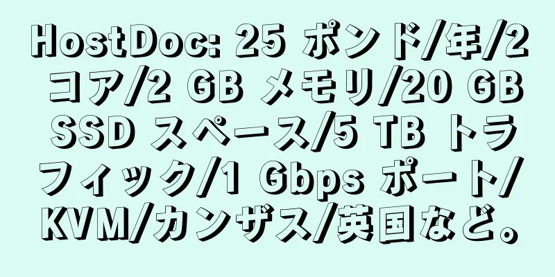 HostDoc: 25 ポンド/年/2 コア/2 GB メモリ/20 GB SSD スペース/5 TB トラフィック/1 Gbps ポート/KVM/カンザス/英国など。