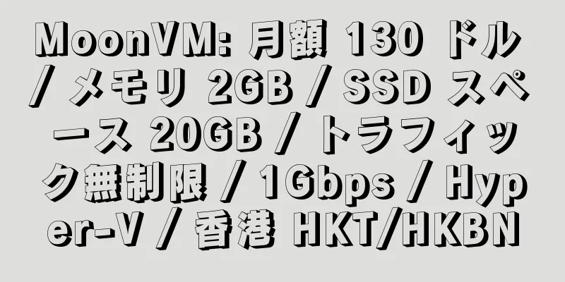 MoonVM: 月額 130 ドル / メモリ 2GB / SSD スペース 20GB / トラフィック無制限 / 1Gbps / Hyper-V / 香港 HKT/HKBN