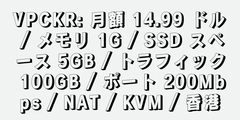 VPCKR: 月額 14.99 ドル / メモリ 1G / SSD スペース 5GB / トラフィック 100GB / ポート 200Mbps / NAT / KVM / 香港