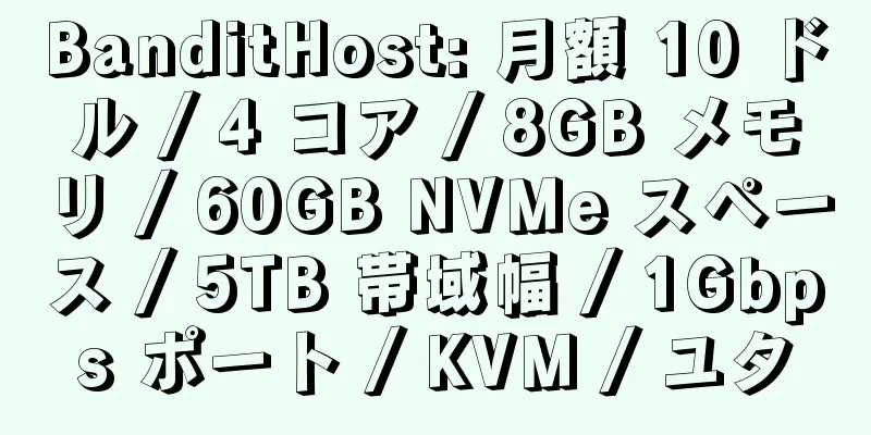 BanditHost: 月額 10 ドル / 4 コア / 8GB メモリ / 60GB NVMe スペース / 5TB 帯域幅 / 1Gbps ポート / KVM / ユタ