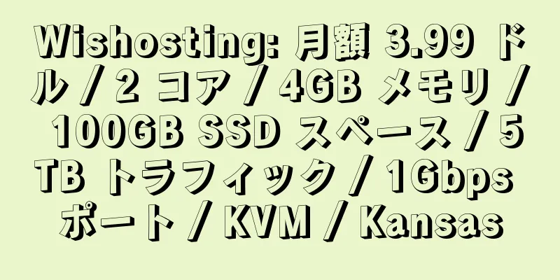 Wishosting: 月額 3.99 ドル / 2 コア / 4GB メモリ / 100GB SSD スペース / 5TB トラフィック / 1Gbps ポート / KVM / Kansas