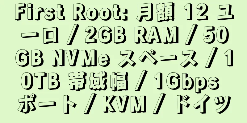 First Root: 月額 12 ユーロ / 2GB RAM / 50GB NVMe スペース / 10TB 帯域幅 / 1Gbps ポート / KVM / ドイツ