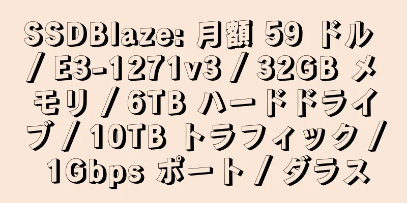 SSDBlaze: 月額 59 ドル / E3-1271v3 / 32GB メモリ / 6TB ハードドライブ / 10TB トラフィック / 1Gbps ポート / ダラス