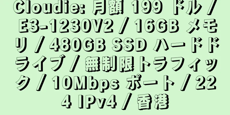 Cloudie: 月額 199 ドル / E3-1230V2 / 16GB メモリ / 480GB SSD ハードドライブ / 無制限トラフィック / 10Mbps ポート / 224 IPv4 / 香港