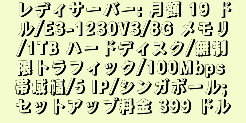 レディサーバー: 月額 19 ドル/E3-1230V3/8G メモリ/1TB ハードディスク/無制限トラフィック/100Mbps 帯域幅/5 IP/シンガポール; セットアップ料金 399 ドル