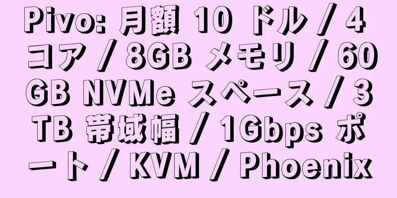 Pivo: 月額 10 ドル / 4 コア / 8GB メモリ / 60GB NVMe スペース / 3TB 帯域幅 / 1Gbps ポート / KVM / Phoenix