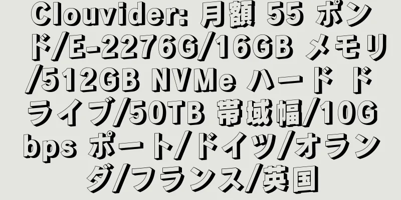 Clouvider: 月額 55 ポンド/E-2276G/16GB メモリ/512GB NVMe ハード ドライブ/50TB 帯域幅/10Gbps ポート/ドイツ/オランダ/フランス/英国