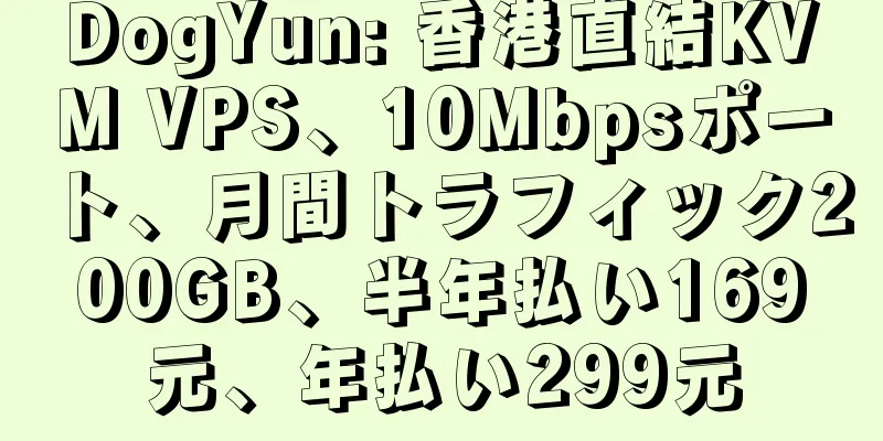 DogYun: 香港直結KVM VPS、10Mbpsポート、月間トラフィック200GB、半年払い169元、年払い299元