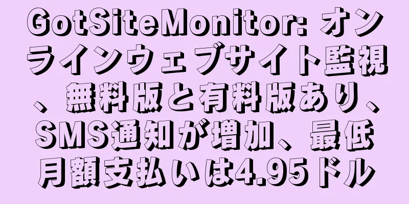 GotSiteMonitor: オンラインウェブサイト監視、無料版と有料版あり、SMS通知が増加、最低月額支払いは4.95ドル