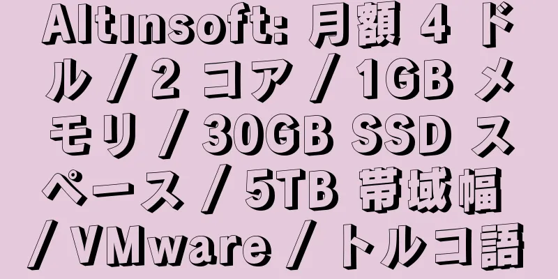 Altınsoft: 月額 4 ドル / 2 コア / 1GB メモリ / 30GB SSD スペース / 5TB 帯域幅 / VMware / トルコ語