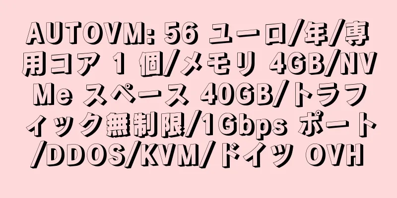 AUTOVM: 56 ユーロ/年/専用コア 1 個/メモリ 4GB/NVMe スペース 40GB/トラフィック無制限/1Gbps ポート/DDOS/KVM/ドイツ OVH