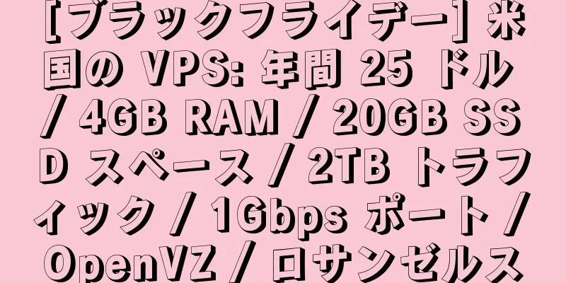 [ブラックフライデー] 米国の VPS: 年間 25 ドル / 4GB RAM / 20GB SSD スペース / 2TB トラフィック / 1Gbps ポート / OpenVZ / ロサンゼルス