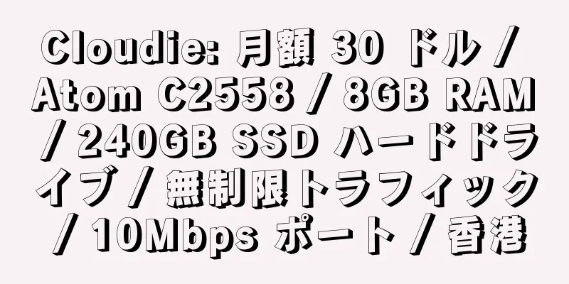 Cloudie: 月額 30 ドル / Atom C2558 / 8GB RAM / 240GB SSD ハードドライブ / 無制限トラフィック / 10Mbps ポート / 香港