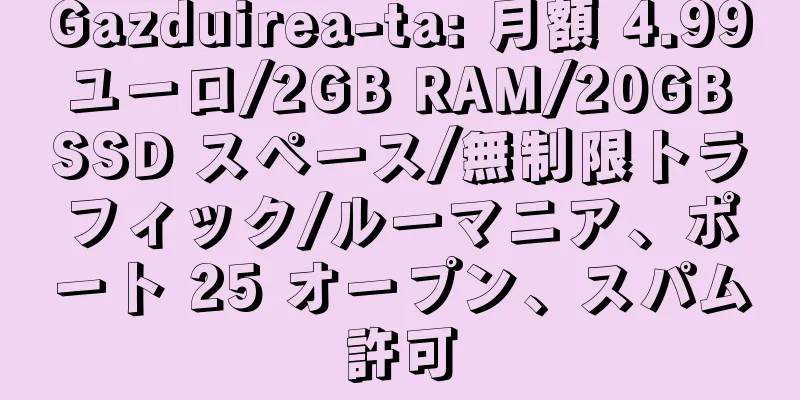 Gazduirea-ta: 月額 4.99 ユーロ/2GB RAM/20GB SSD スペース/無制限トラフィック/ルーマニア、ポート 25 オープン、スパム許可