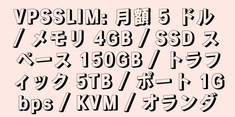 VPSSLIM: 月額 5 ドル / メモリ 4GB / SSD スペース 150GB / トラフィック 5TB / ポート 1Gbps / KVM / オランダ