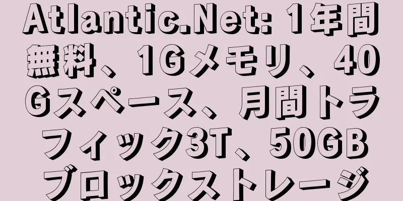 Atlantic.Net: 1年間無料、1Gメモリ、40Gスペース、月間トラフィック3T、50GBブロックストレージ