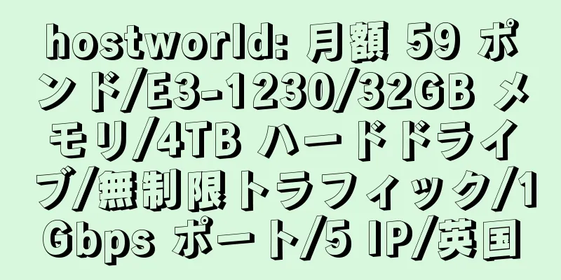 hostworld: 月額 59 ポンド/E3-1230/32GB メモリ/4TB ハードドライブ/無制限トラフィック/1Gbps ポート/5 IP/英国