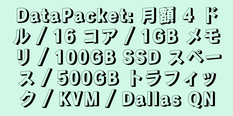 DataPacket: 月額 4 ドル / 16 コア / 1GB メモリ / 100GB SSD スペース / 500GB トラフィック / KVM / Dallas QN