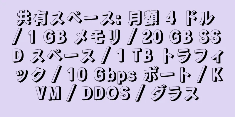 共有スペース: 月額 4 ドル / 1 GB メモリ / 20 GB SSD スペース / 1 TB トラフィック / 10 Gbps ポート / KVM / DDOS / ダラス