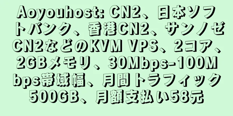 Aoyouhost: CN2、日本ソフトバンク、香港CN2、サンノゼCN2などのKVM VPS、2コア、2GBメモリ、30Mbps-100Mbps帯域幅、月間トラフィック500GB、月額支払い58元