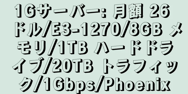 1Gサーバー: 月額 26 ドル/E3-1270/8GB メモリ/1TB ハードドライブ/20TB トラフィック/1Gbps/Phoenix