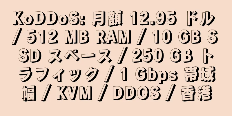 KoDDoS: 月額 12.95 ドル / 512 MB RAM / 10 GB SSD スペース / 250 GB トラフィック / 1 Gbps 帯域幅 / KVM / DDOS / 香港