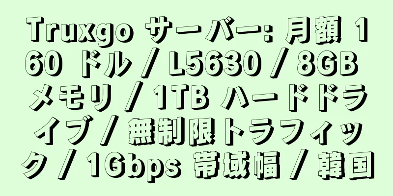 Truxgo サーバー: 月額 160 ドル / L5630 / 8GB メモリ / 1TB ハードドライブ / 無制限トラフィック / 1Gbps 帯域幅 / 韓国