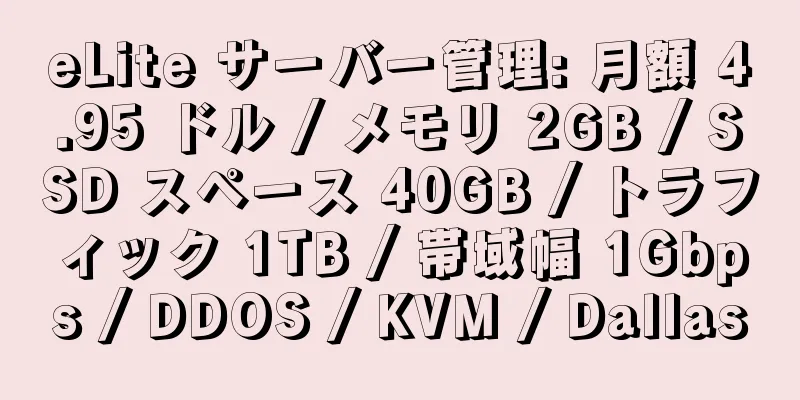 eLite サーバー管理: 月額 4.95 ドル / メモリ 2GB / SSD スペース 40GB / トラフィック 1TB / 帯域幅 1Gbps / DDOS / KVM / Dallas