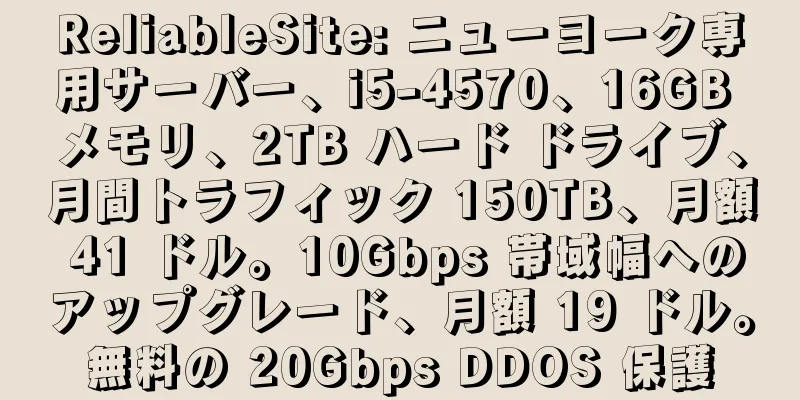 ReliableSite: ニューヨーク専用サーバー、i5-4570、16GB メモリ、2TB ハード ドライブ、月間トラフィック 150TB、月額 41 ドル。10Gbps 帯域幅へのアップグレード、月額 19 ドル。無料の 20Gbps DDOS 保護