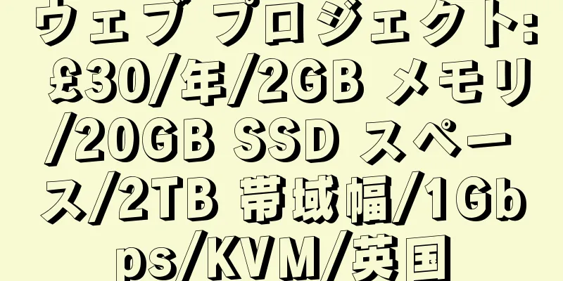 ウェブ プロジェクト: £30/年/2GB メモリ/20GB SSD スペース/2TB 帯域幅/1Gbps/KVM/英国