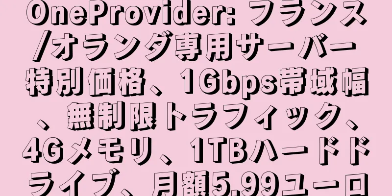 OneProvider: フランス/オランダ専用サーバー特別価格、1Gbps帯域幅、無制限トラフィック、4Gメモリ、1TBハードドライブ、月額5.99ユーロ