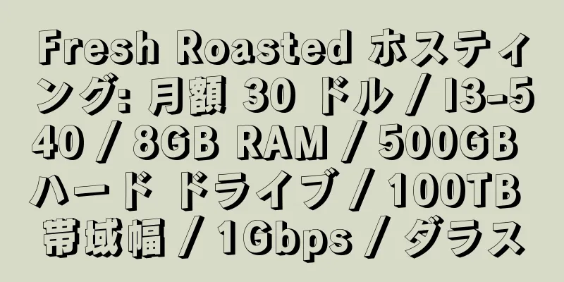 Fresh Roasted ホスティング: 月額 30 ドル / I3-540 / 8GB RAM / 500GB ハード ドライブ / 100TB 帯域幅 / 1Gbps / ダラス